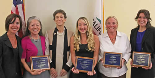 Crime victims and advocates were recognized Friday by the Santa Barbara County District Attorney’s Office. From left are Megan Riker Rheinschild, director of the DA’s Victim/Witness Services; CALM Executive Director Cecilia Rodriguez; District Attorney Joyce Dudley, Delaney Henderson, Nora Wallace and Crystal Bedolla. (Joshua Molina Noozhawk photo